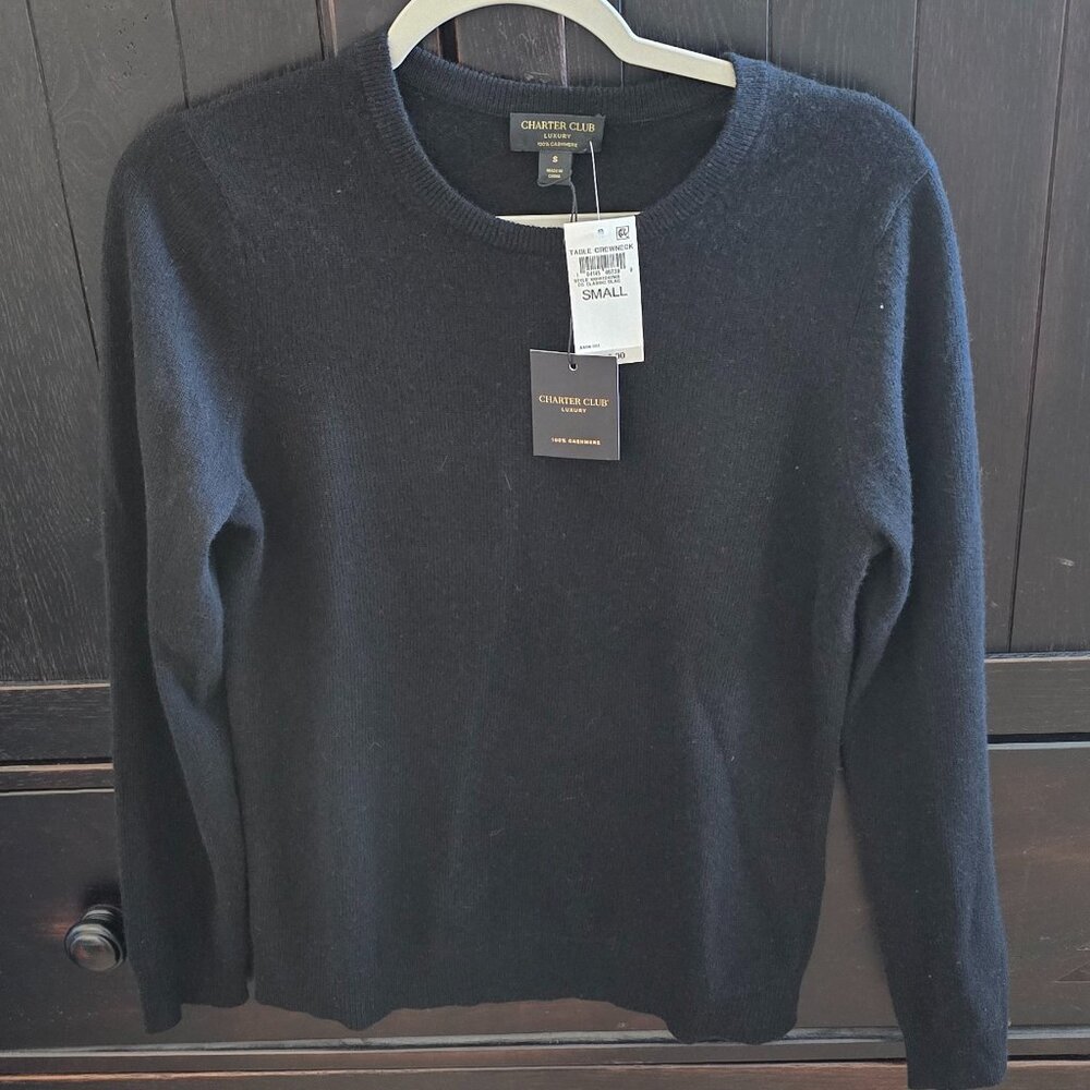 NWT Charter Club Black Crewneck Cashmere Sweater Size Small S Org $159